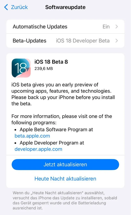 安国苹果手机维修分享苹果 iOS / iPadOS 18 开发者预览版 Beta 8 发布 